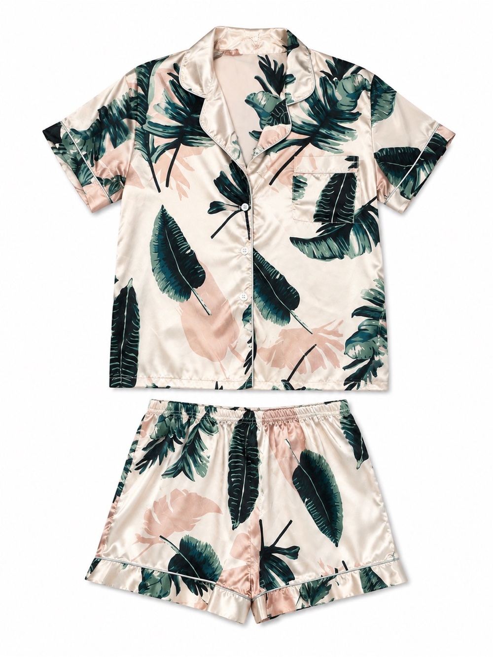 Satin Tropical Palm-Print Pajama Set - Cream & Green